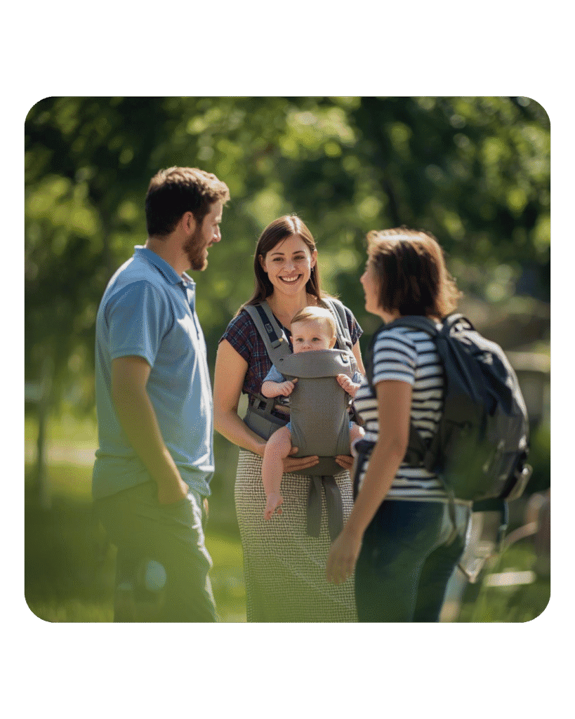 Happy family enjoying outdoor walk in a park with baby carrier and backpacks.